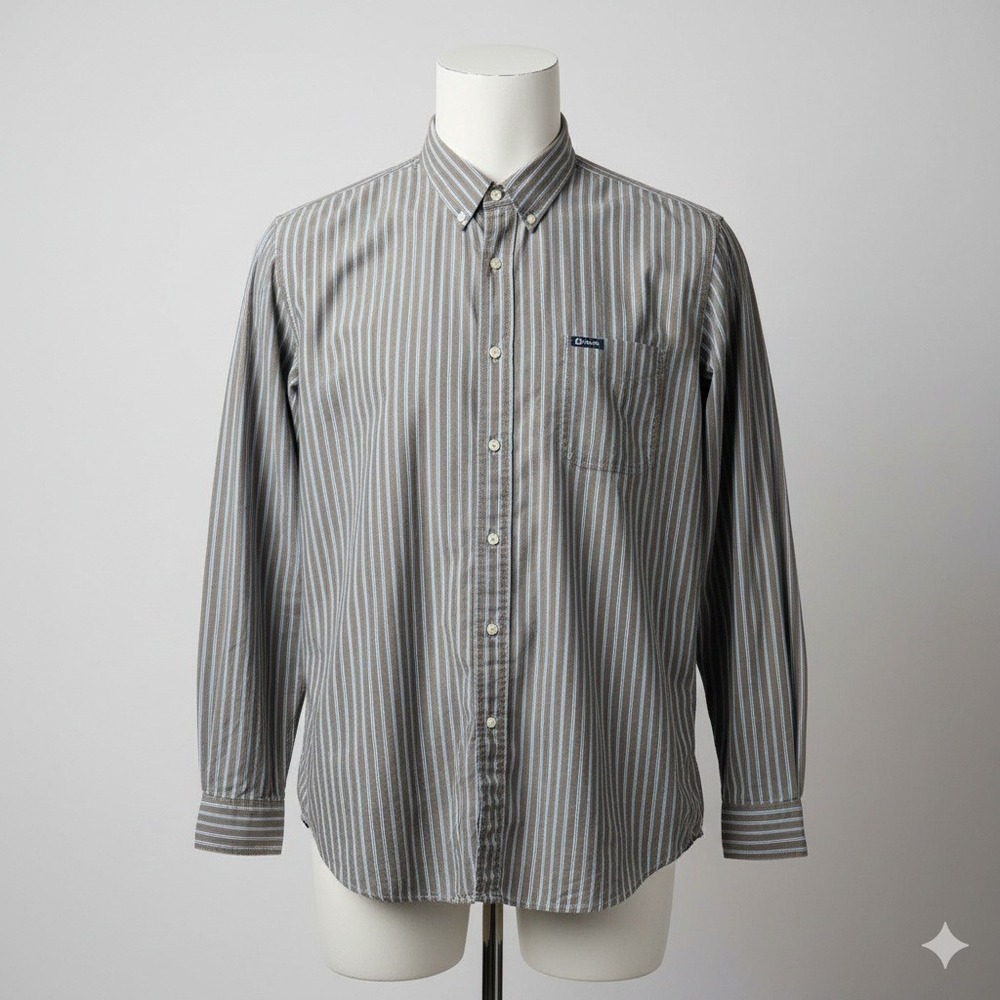 Chaps Men's XXL Button Down Shirt Long Sleeve Brown Blue Stripe Easy Care 2XL
